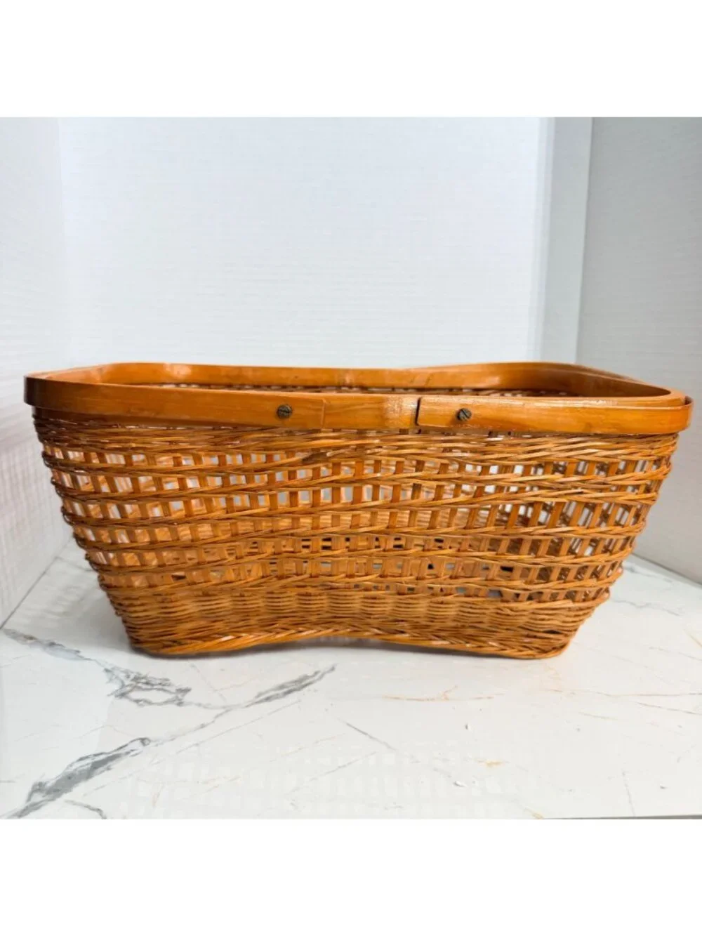 Vintage Wicker Picnic Basket Woven Gathering Market Basket Dual Handles Boho